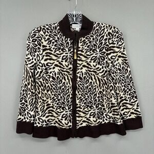 St John Sport Sweater Cardigan Womens P Brown Leopard Zip Mock Neck Wool